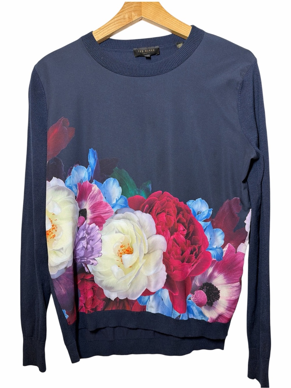 Ted Baker Navy Floral Print Crewneck Pullover Sweater Grandmacore